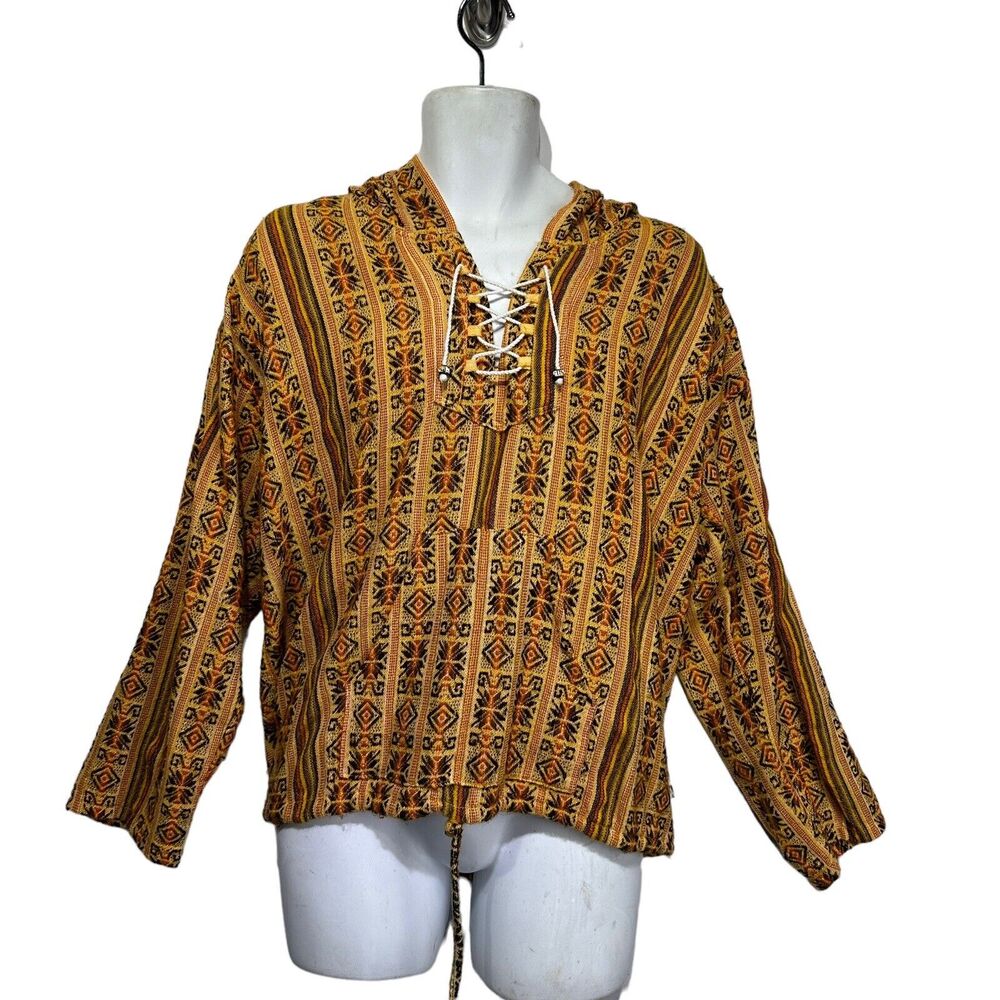 geometric woven yellow gold long sleeve hippie boho hoodie sweater size L